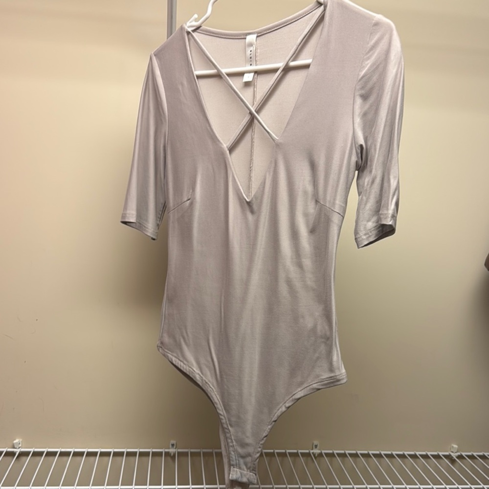 Blue Blush Asymmetrical White Gray Bodysuit 3/4 Sleeve